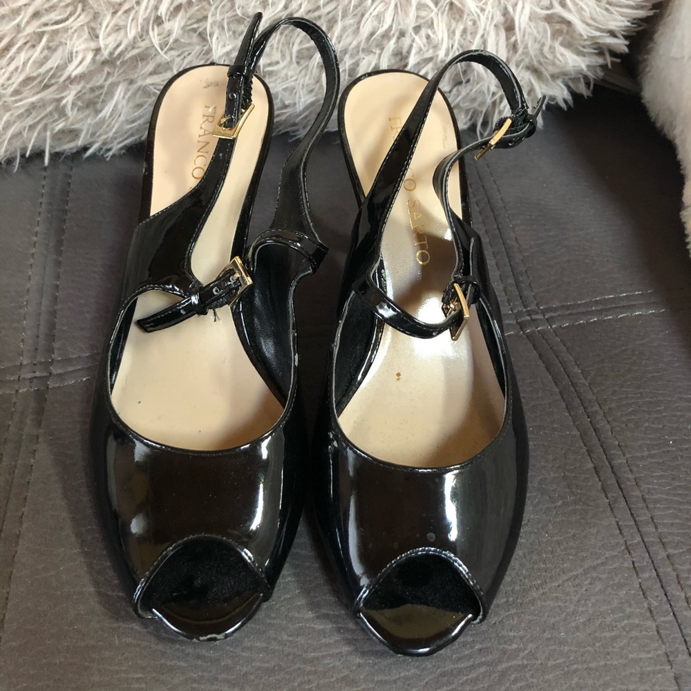 FRANCO SARTO Shiny Black Peeptoe Heeled Sandals S8